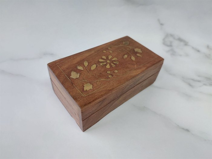 Винтажная прямоугольная шкатулка для порошкового и плиточного бахура с латунной инкрустацией, агаровое дерево - фото 5813
